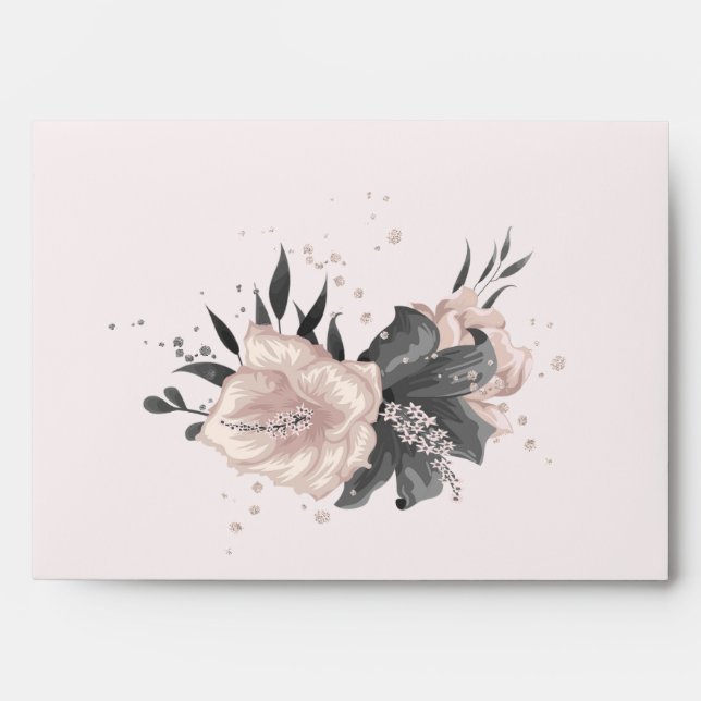 dusty pink grey flowers soft pink wedding envelope (Front)