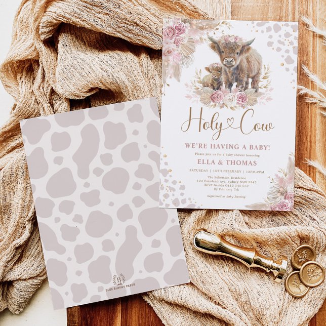 Dusty Pink Holy Cow Boho Pampas Girl Baby Shower Invitation (Creator Uploaded)