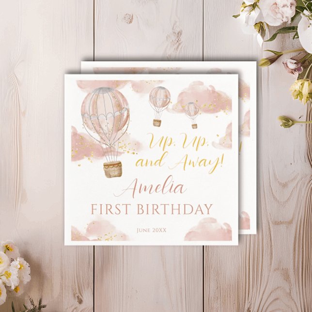 Dusty Pink Hot Air Balloon Theme Birthday Girl Napkin (Creator Uploaded)