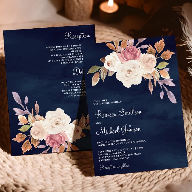 Dusty Pink Ivory Floral All in One Navy Wedding Invitation (Creator Uploaded)