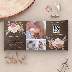 Dusty Pink Ivory Floral Barn Wood QR Code Wedding Tri-Fold Invitation