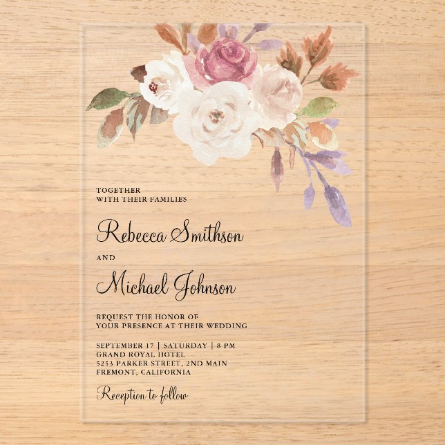 Dusty Pink Ivory Floral Wedding Acrylic Invitations (Front)