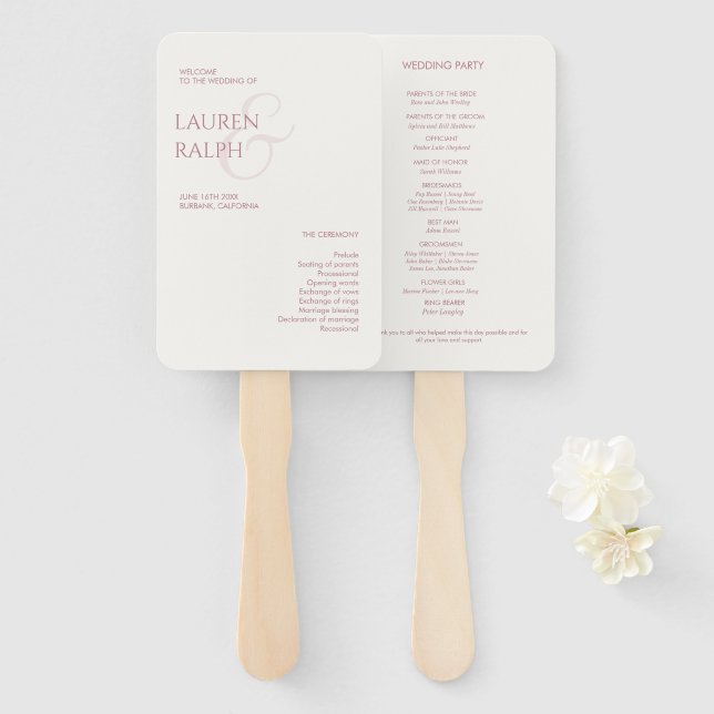 Dusty Pink & Ivory Monogram Wedding Program Hand Fan (Front and Back)