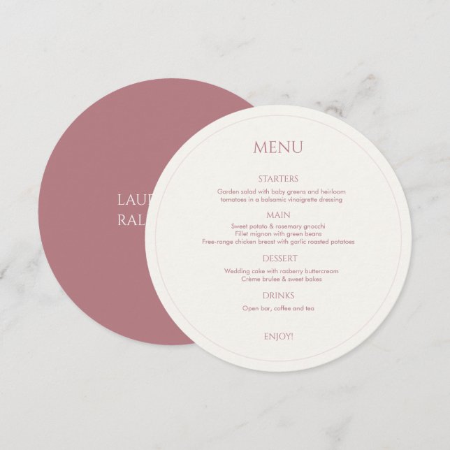 Dusty Pink & Ivory Monogrammed Round Wedding Menu (Front/Back)