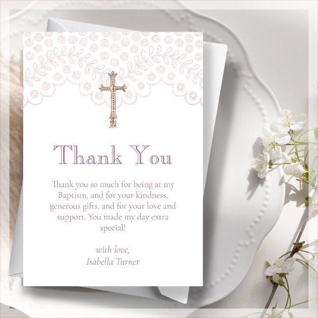 Dusty Pink Lace | Baptism Thank You Card (Creator Uploaded)