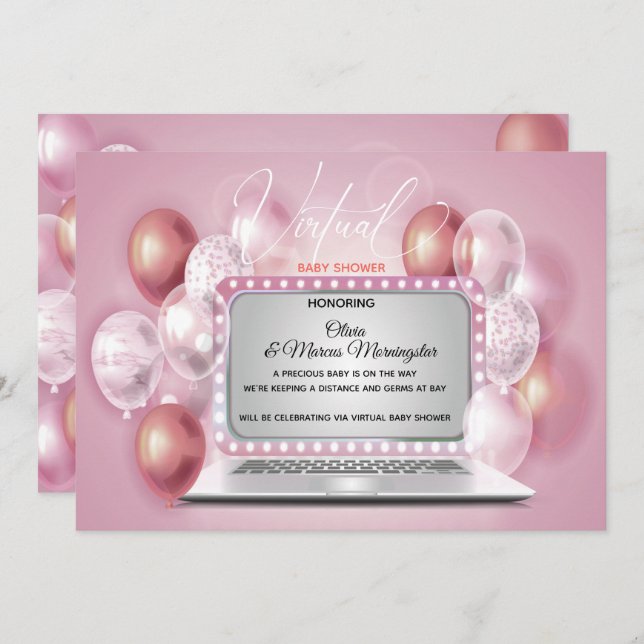 Dusty Pink Laptop Virtual Baby Girl Shower Invitation (Front/Back)