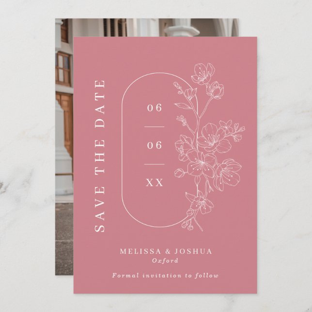Dusty Pink Line Drawn Floral Photo Wedding Save The Date (Front/Back)