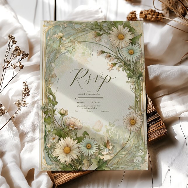 Dusty Pink Marguerite Daisy Wedding Art Nouveau RSVP Card (Creator Uploaded)