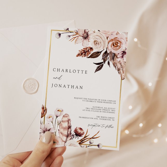 Dusty Pink & Mauve Gold Frame Foliage Wedding Invitation (Creator Uploaded)