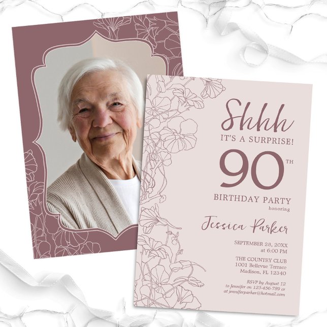 Dusty Pink Mauve Photo Surprise 90th Birthday Invitation (Creator Uploaded)