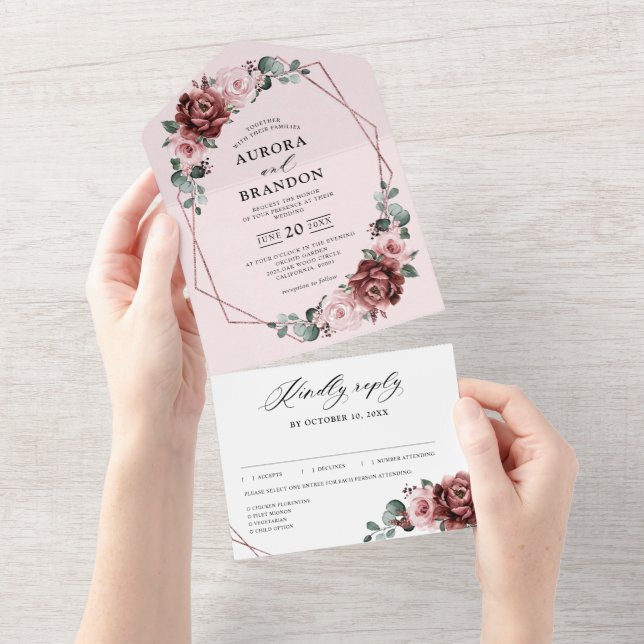 Dusty Pink Mauve Rose Floral Geometric Wedding  Al All In One Invitation (Tearaway)