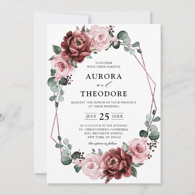 Dusty Pink Mauve Rose Floral Geometric Wedding Invitation (Front)