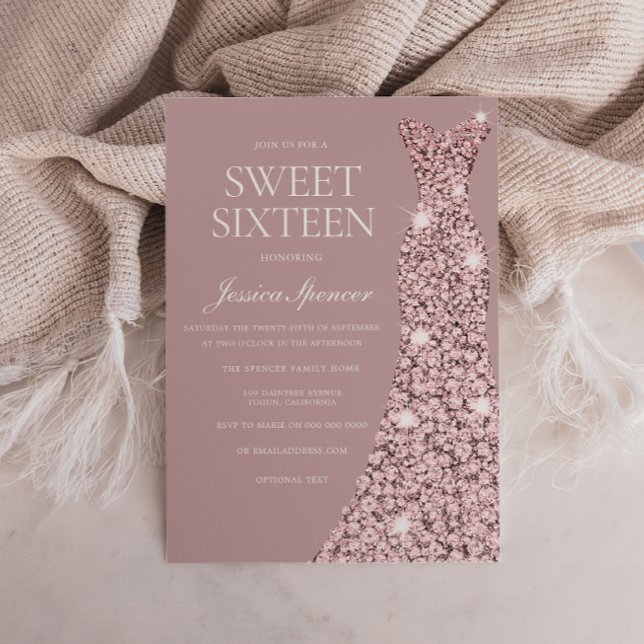 Dusty Pink Mauve Rose Gold Dress Sweet 16 Sixteen Invitation (Creator Uploaded)