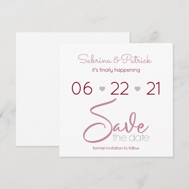 Dusty Pink Merlot and Grey Minimal Save the Date Invitation (Front/Back)
