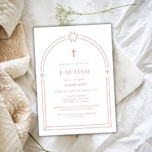 Dusty Pink Minimalist Boho Arch Cross Baptism Invitation