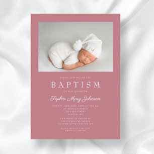 Dusty Pink Modern Girl Photo Baptism Invitation