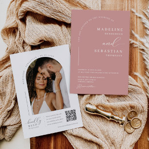 Dusty Pink Modern Minimal Arch Photo QR Code Invit Invitation