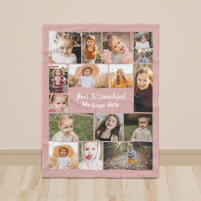 Dusty Pink Modern Personalised 16 Photo Collage Fleece Blanket (Creator Uploaded)