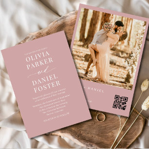 Dusty Pink Modern QR Code Photo Wedding Invitation