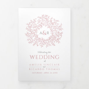 Dusty pink monogram art photo wedding program Tri-Fold programme