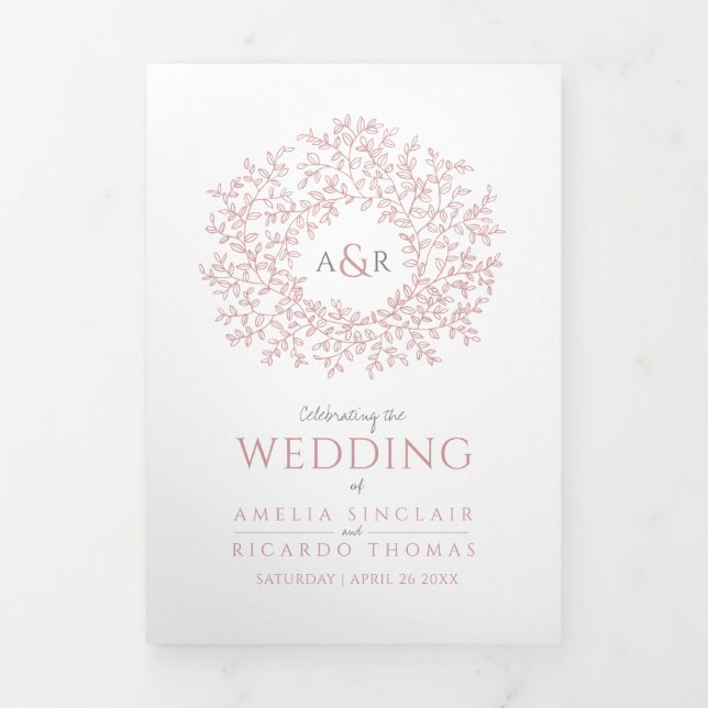 Dusty pink monogram art photo wedding program Tri-Fold programme (Cover)