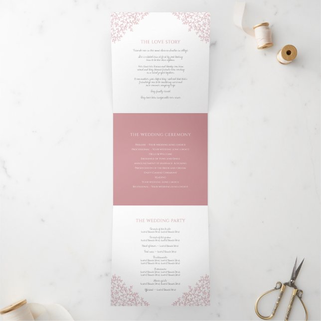 Dusty pink monogram art story dedication wedding  Tri-Fold programme (Inside)