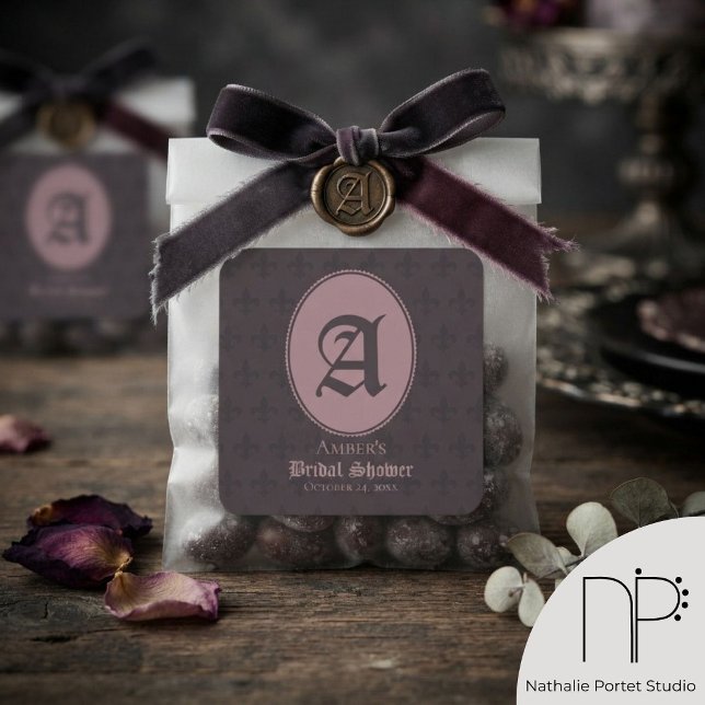 Dusty Pink Monogram Fleur-de-Lis  Square Sticker (Dusty pink monogram fleur-de-lis square sticker with dark purple background for chic gothic wedding)