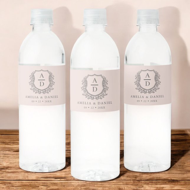Dusty Pink Monogram Wedding Floral Crest Water Bottle Label (Creator Uploaded)