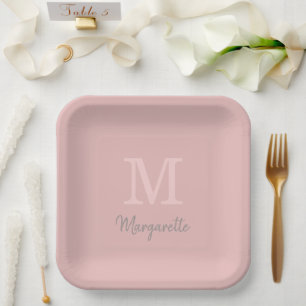 Dusty Pink Name and Initial Monogram Paper Plates