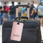 Dusty pink name script luggage tag<br><div class="desc">A blush pink,  dusty rose background.  Personalise and add a name. Your contact information on the back.</div>