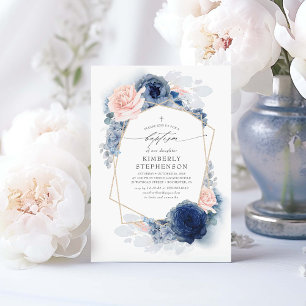 Dusty Pink Navy Blue Flowers Elegant Baptism Invitation