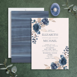 Dusty Pink Navy Blue Flowers Rustic Wedding Invitation