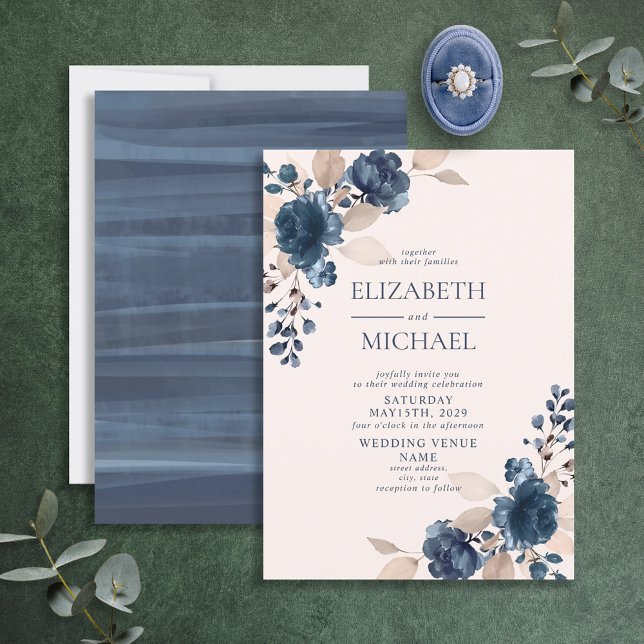 Dusty Pink Navy Blue Flowers Rustic Wedding Invitation (Creator Uploaded)