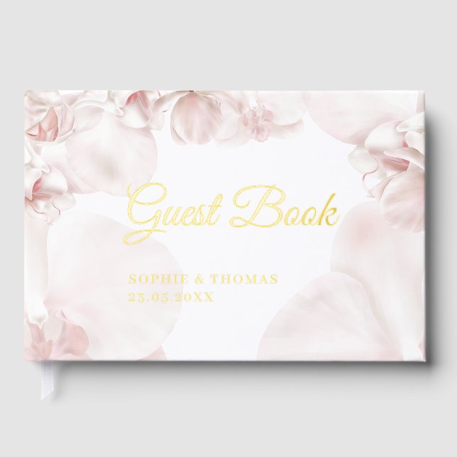 Dusty pink orchid watercolor wedding guest book (Front)