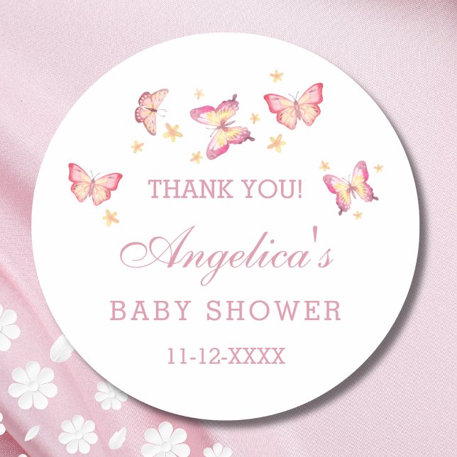 Dusty Pink Peach Butterfly Baby Shower Thank You  Classic Round Sticker (Creator Uploaded)