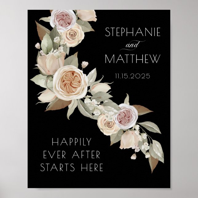 Dusty Pink Peach Flowy Botanical Black Wedding Poster (Front)