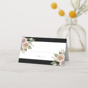 Dusty Pink Peach Roses Botanical Black Wedding Place Card