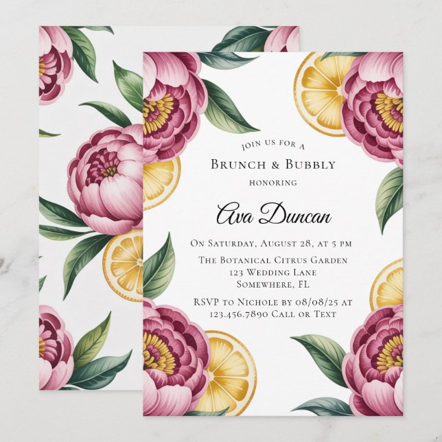 Dusty Pink Peonies and Lemon Brunch and Bubbly Invitation (Front/Back)