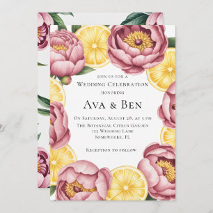 Dusty Pink Peonies and Lemon Wedding Celebration Invitation