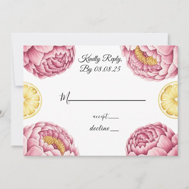Dusty Pink Peonies and Lemon Wedding RSVP Cards (Front)