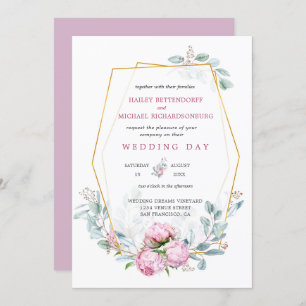 Dusty Pink Peonies Geometric Gold Frame Wedding  Invitation