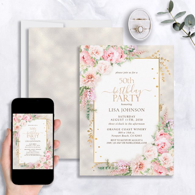 Dusty Pink Peony Floral Gold Shimmer 50th Birthday Invitation (Creator Uploaded)