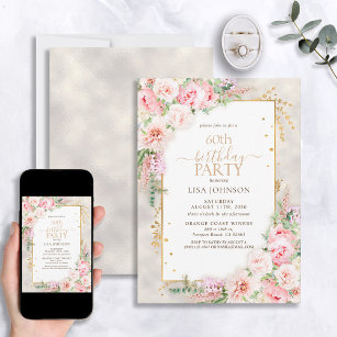 Dusty Pink Peony Floral Gold Shimmer 60th Birthday Invitation