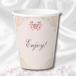 Dusty Pink Peony Vintage Floral Bridal Shower Paper Cups