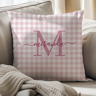 Dusty Pink Plaid Throw Pillow with Monogram