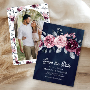 Dusty Pink Plum Purple Floral Navy Wedding Photo Save The Date