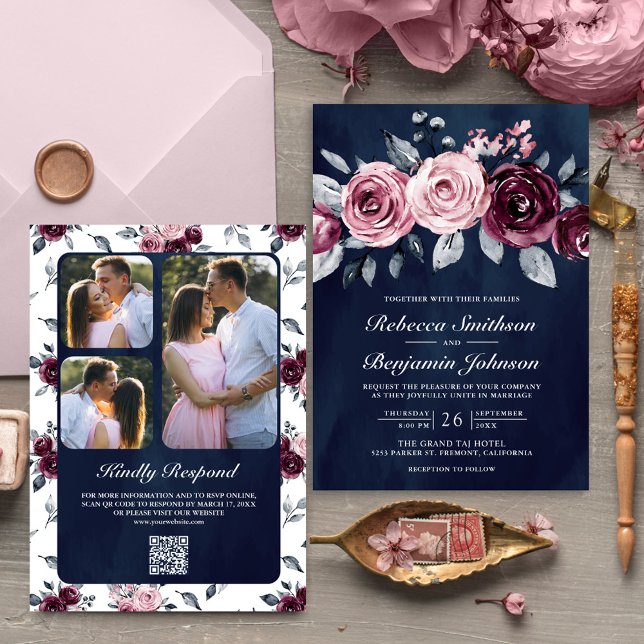 Dusty Pink Plum Purple Floral QR Code Navy Wedding Invitation (Creator Uploaded)