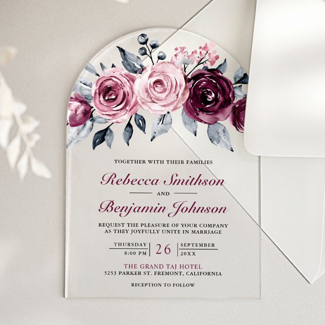 Dusty Pink Plum Purple Floral Wedding Acrylic Invitations (Creator Uploaded)