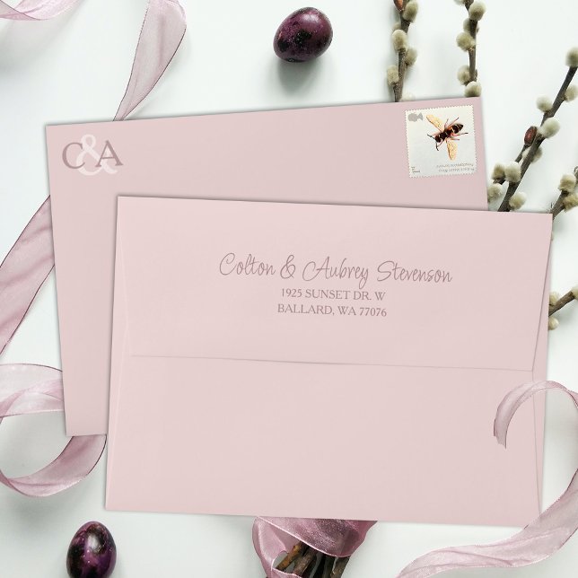 Dusty Pink, Pre-addressed 5x7 Wedding Envelope (Light pink, dusty pink 5x7 invitation envelopes with return address pre-printed on back flap)