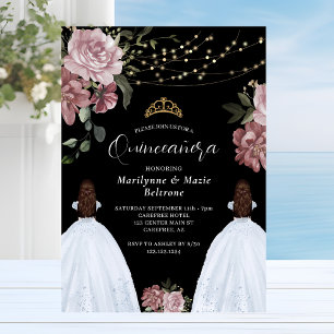 Dusty Pink Princess Floral Twins Quinceañera Invitation